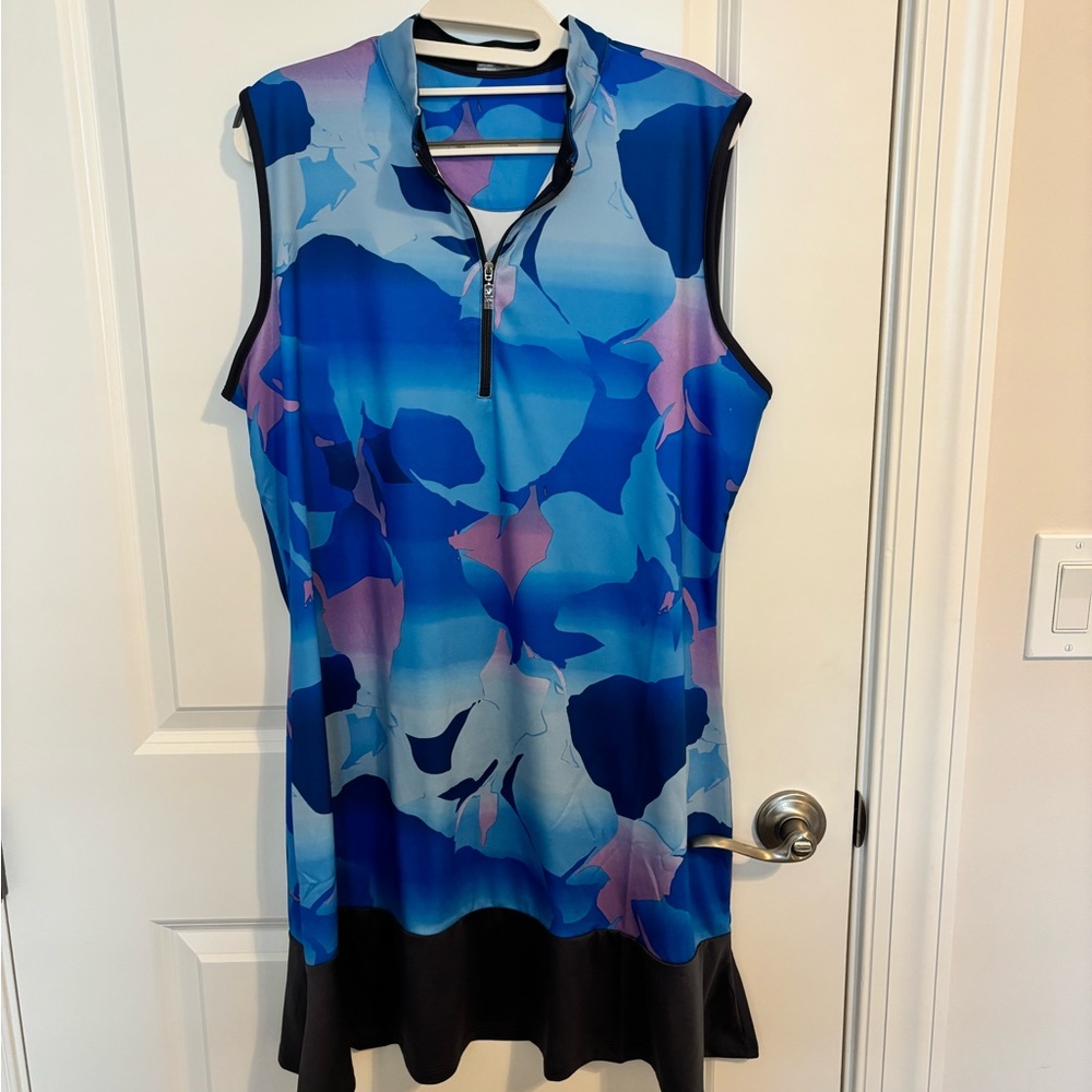 Sleeveless Blue Floral Print Dress with Zip Neck